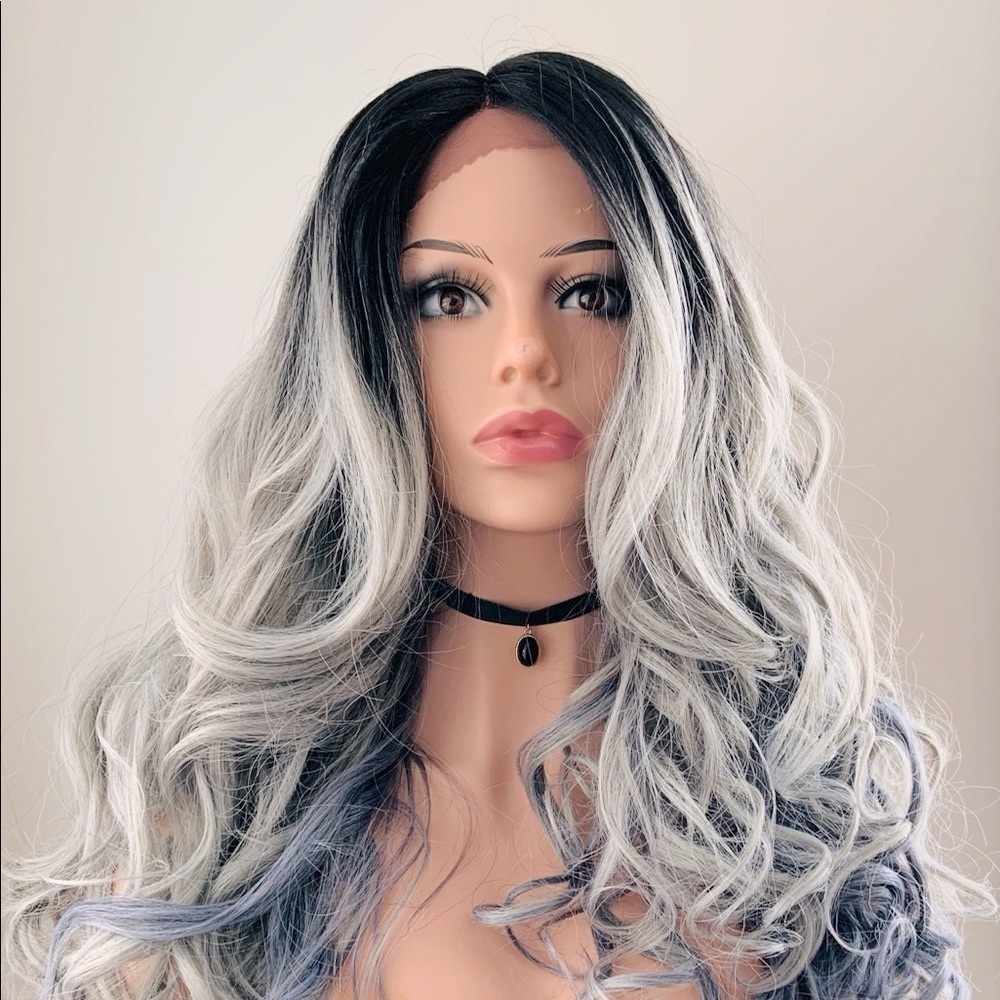 Gorgeous 22” Loose Curl Ombre Grey/Blue Lace Front Premium Fiber Wig 🖤🩶🩵